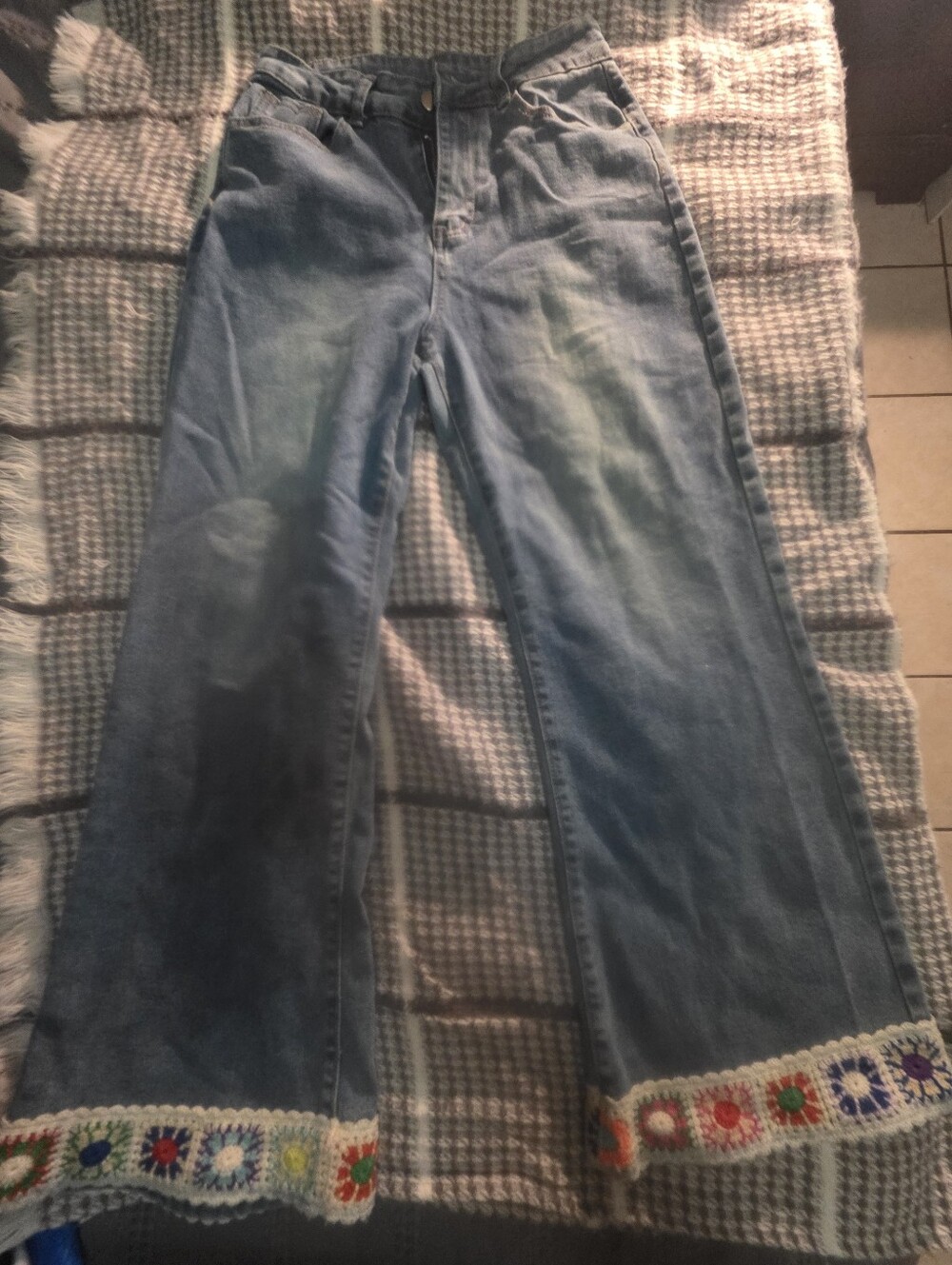 Women’s Blue Denim Jeans with Crocheted Hem